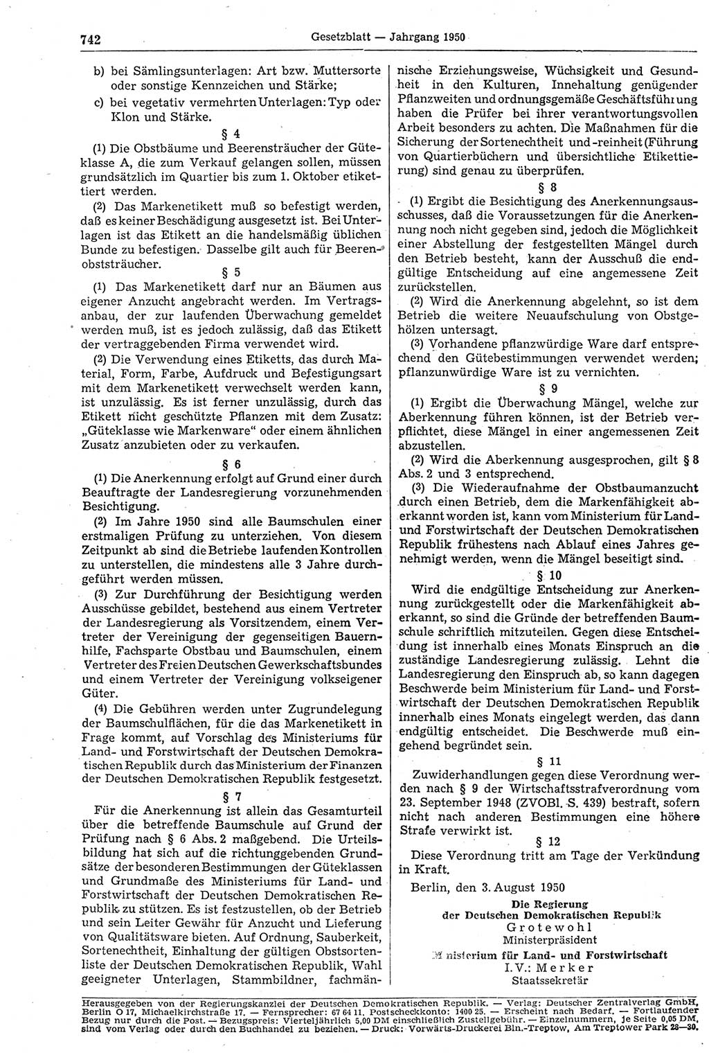 Gesetzblatt (GBl.) der Deutschen Demokratischen Republik (DDR) 1950, Seite 742 (GBl. DDR 1950, S. 742)