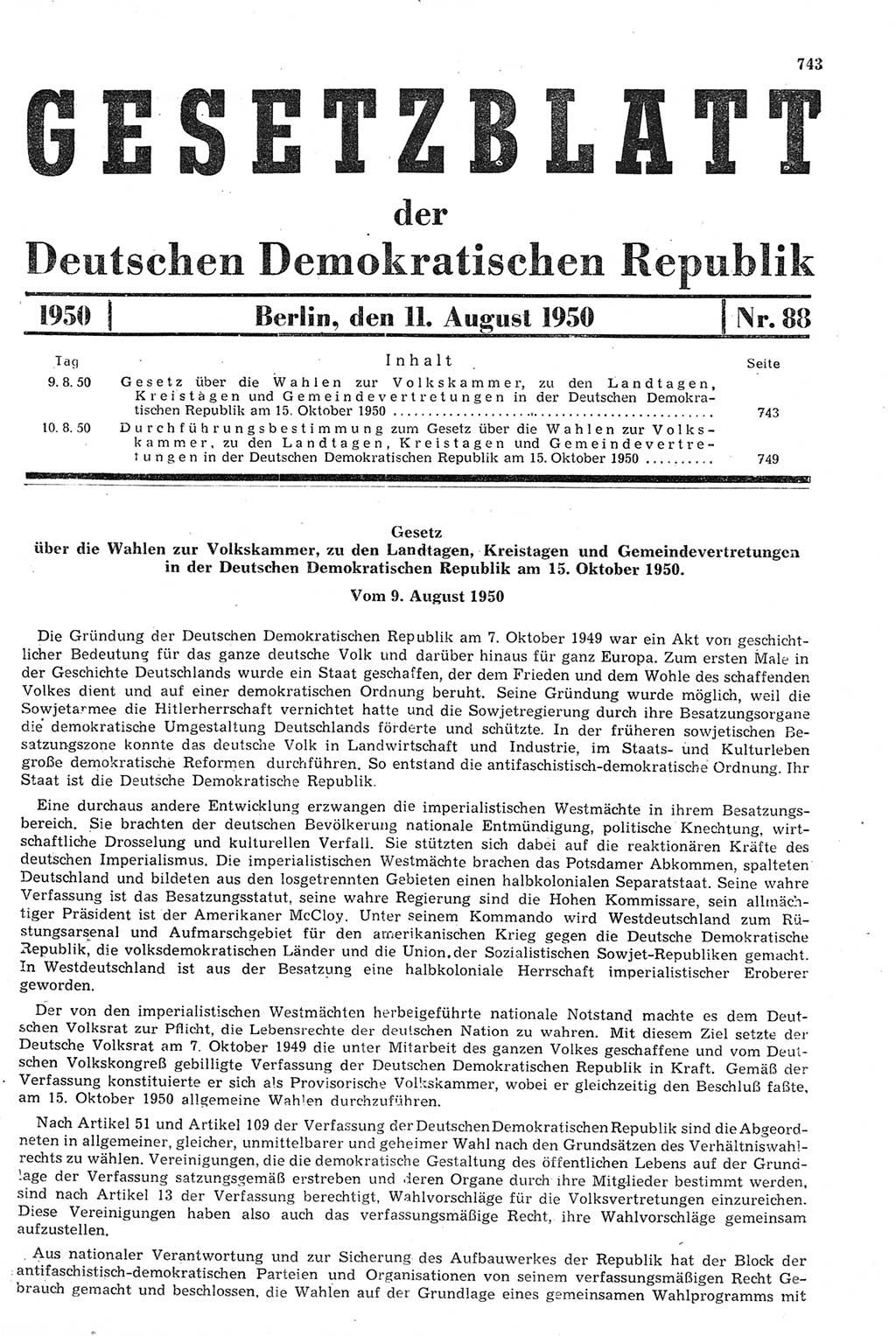 Gesetzblatt (GBl.) der Deutschen Demokratischen Republik (DDR) 1950, Seite 743 (GBl. DDR 1950, S. 743)