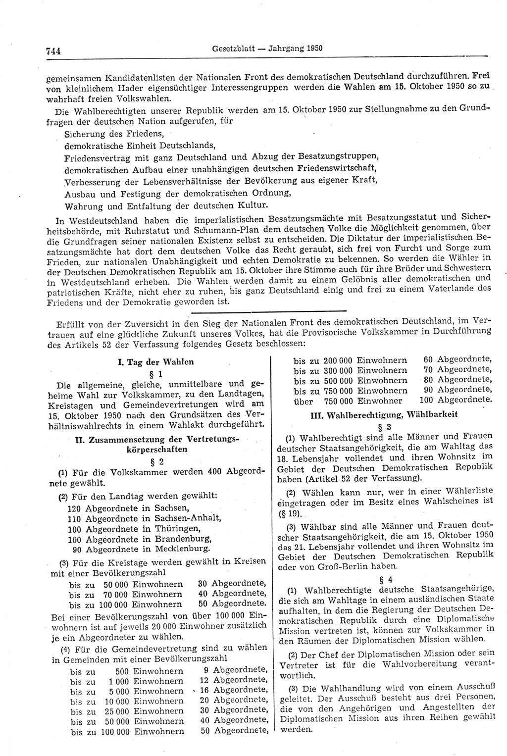 Gesetzblatt (GBl.) der Deutschen Demokratischen Republik (DDR) 1950, Seite 744 (GBl. DDR 1950, S. 744)
