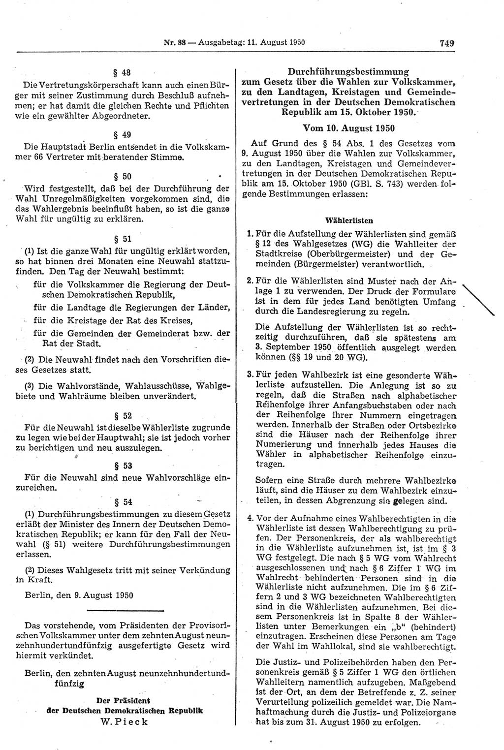 Gesetzblatt (GBl.) der Deutschen Demokratischen Republik (DDR) 1950, Seite 749 (GBl. DDR 1950, S. 749)