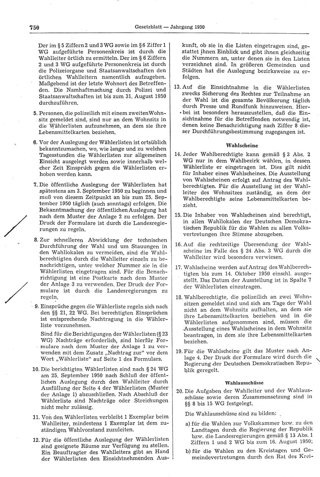 Gesetzblatt (GBl.) der Deutschen Demokratischen Republik (DDR) 1950, Seite 750 (GBl. DDR 1950, S. 750)