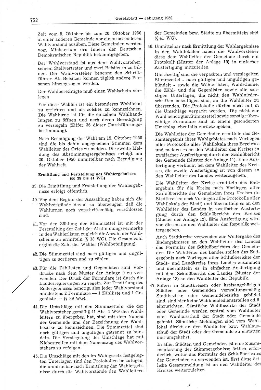 Gesetzblatt (GBl.) der Deutschen Demokratischen Republik (DDR) 1950, Seite 752 (GBl. DDR 1950, S. 752)