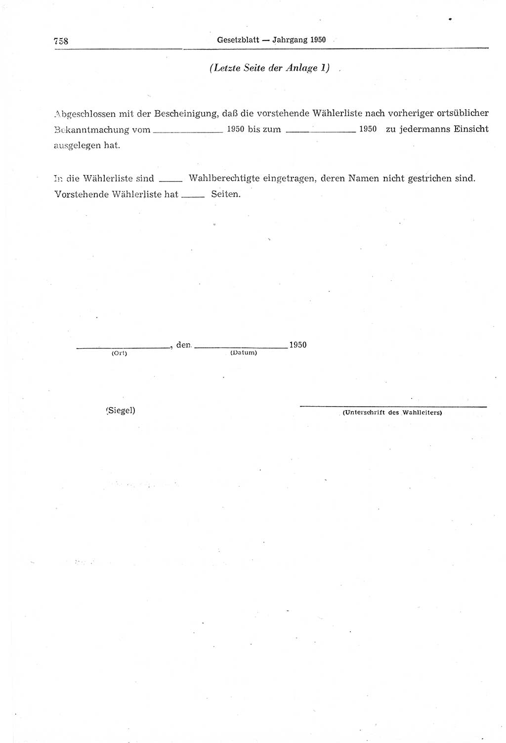 Gesetzblatt (GBl.) der Deutschen Demokratischen Republik (DDR) 1950, Seite 758 (GBl. DDR 1950, S. 758)