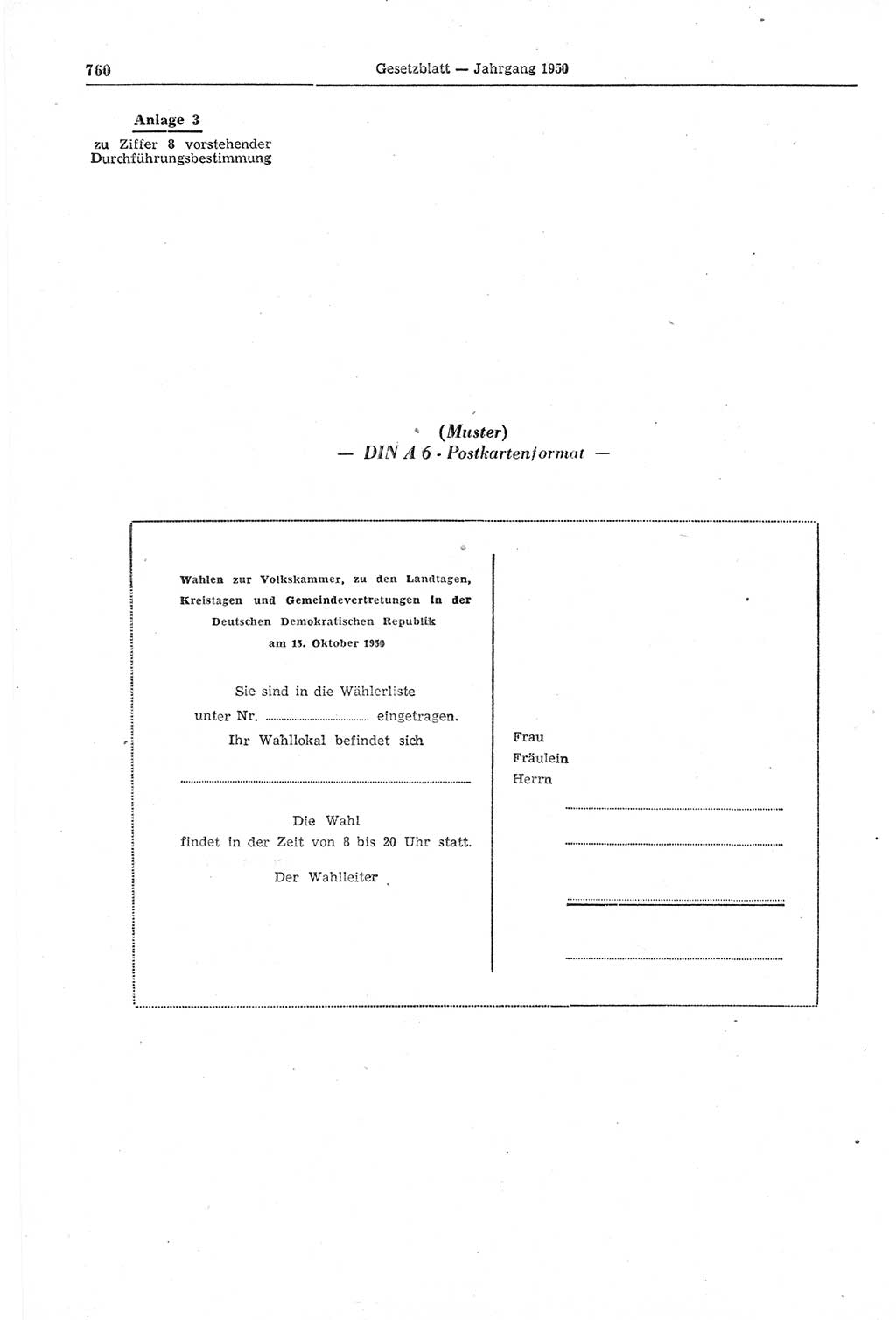 Gesetzblatt (GBl.) der Deutschen Demokratischen Republik (DDR) 1950, Seite 760 (GBl. DDR 1950, S. 760)