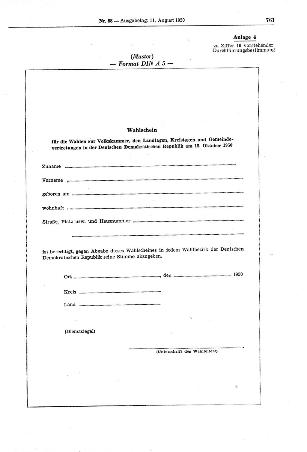 Gesetzblatt (GBl.) der Deutschen Demokratischen Republik (DDR) 1950, Seite 761 (GBl. DDR 1950, S. 761)