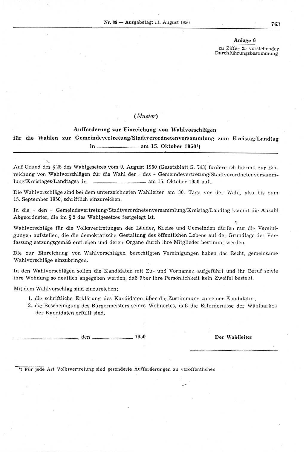 Gesetzblatt (GBl.) der Deutschen Demokratischen Republik (DDR) 1950, Seite 763 (GBl. DDR 1950, S. 763)