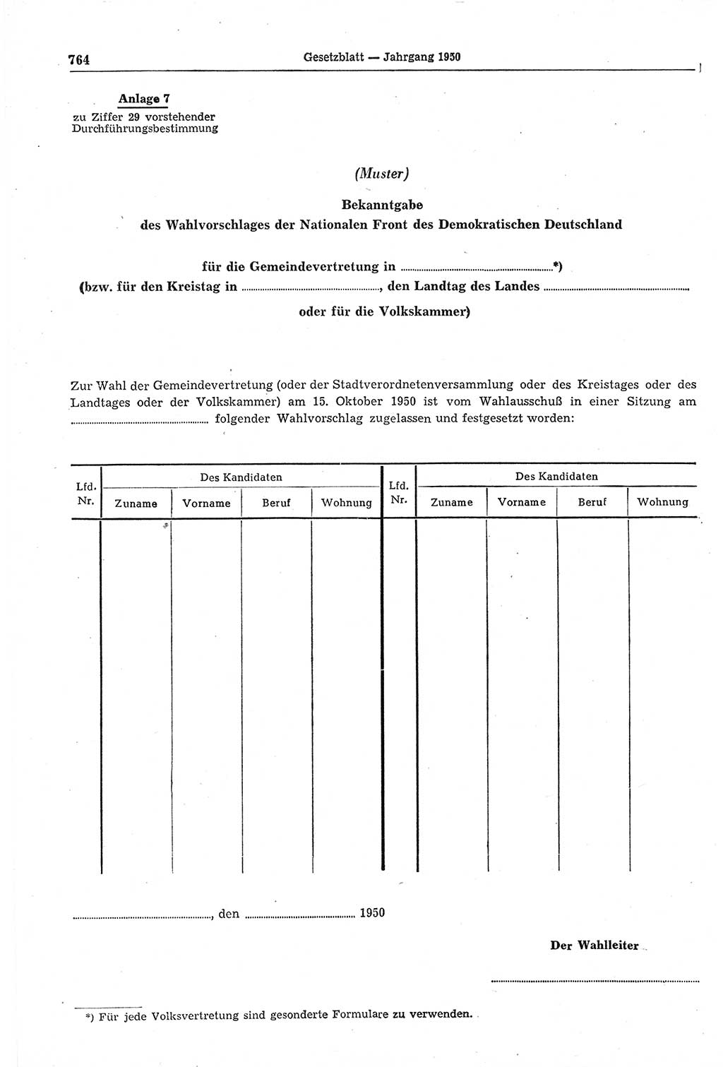 Gesetzblatt (GBl.) der Deutschen Demokratischen Republik (DDR) 1950, Seite 764 (GBl. DDR 1950, S. 764)