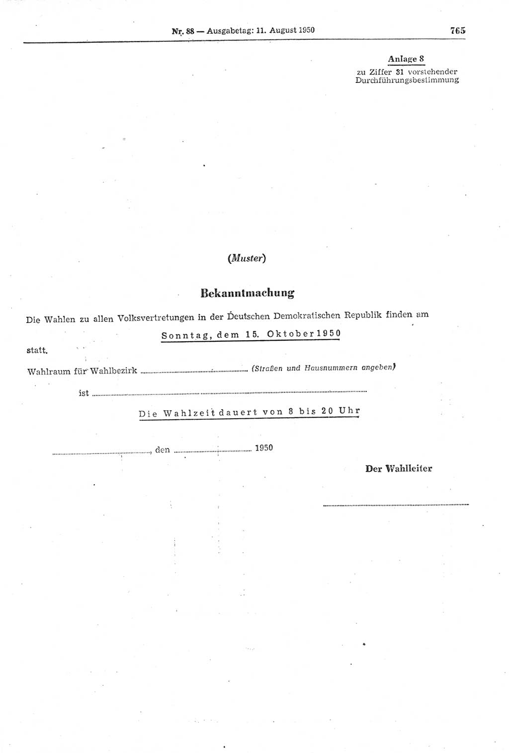 Gesetzblatt (GBl.) der Deutschen Demokratischen Republik (DDR) 1950, Seite 765 (GBl. DDR 1950, S. 765)
