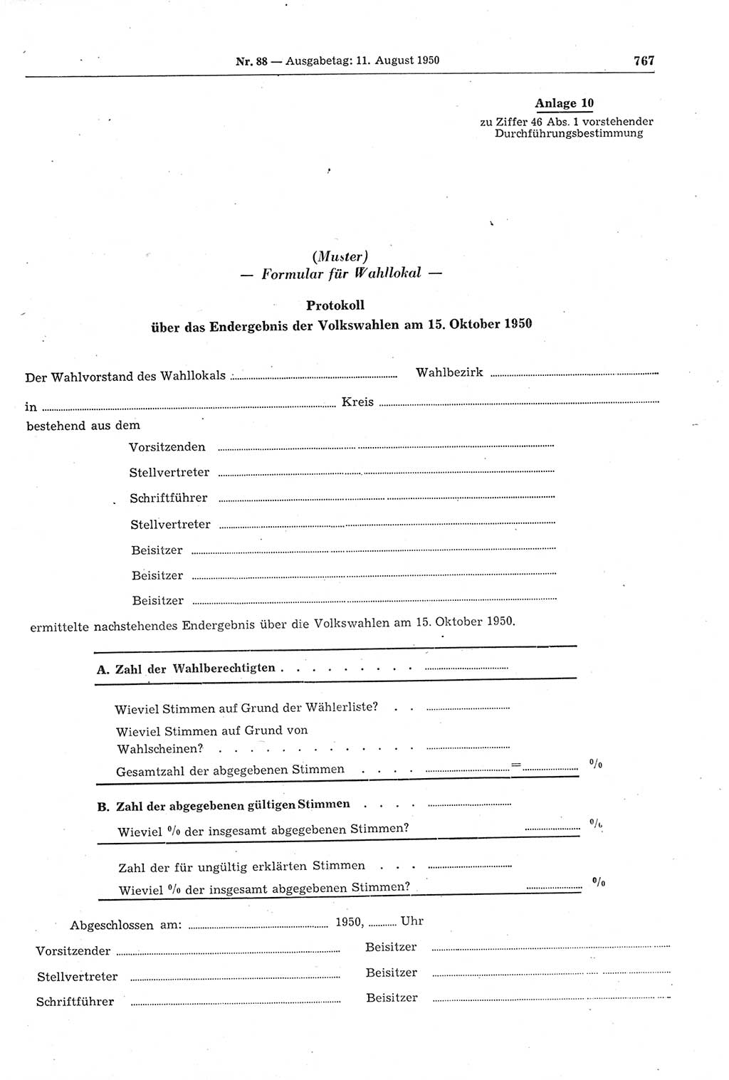 Gesetzblatt (GBl.) der Deutschen Demokratischen Republik (DDR) 1950, Seite 767 (GBl. DDR 1950, S. 767)