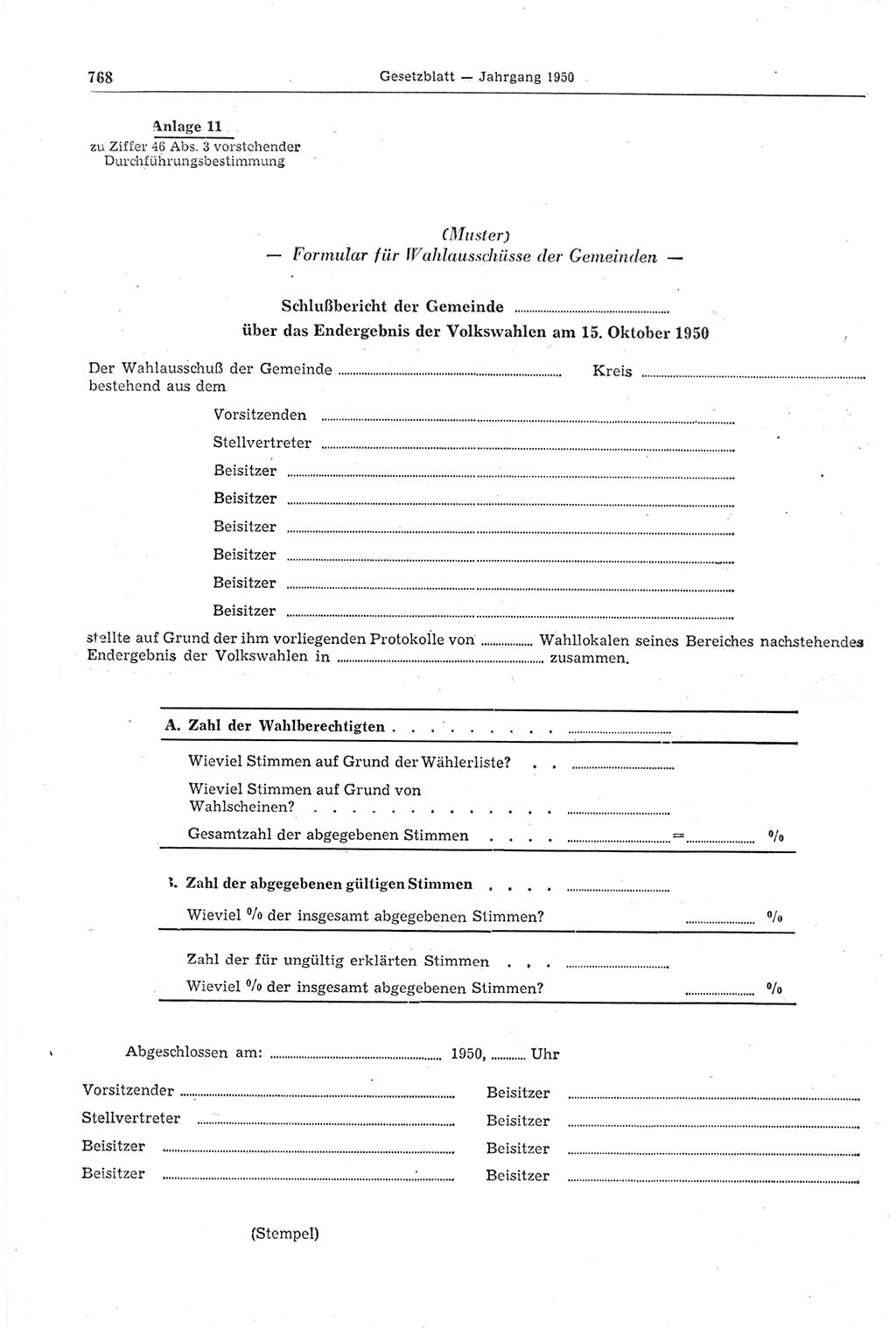 Gesetzblatt (GBl.) der Deutschen Demokratischen Republik (DDR) 1950, Seite 768 (GBl. DDR 1950, S. 768)