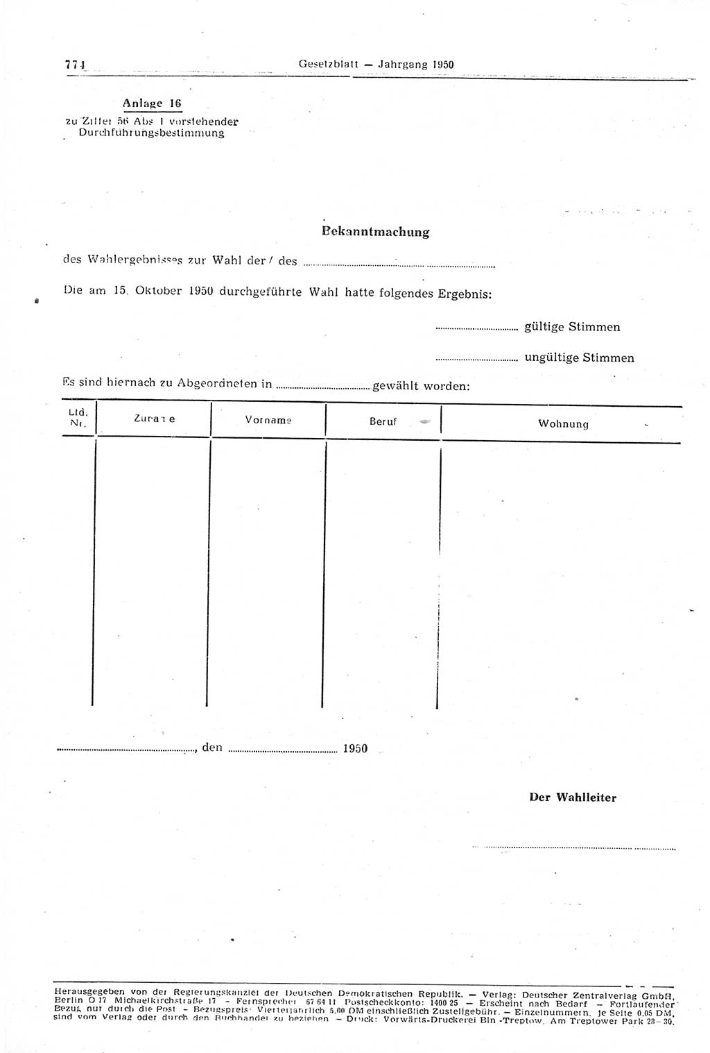 Gesetzblatt (GBl.) der Deutschen Demokratischen Republik (DDR) 1950, Seite 774 (GBl. DDR 1950, S. 774)