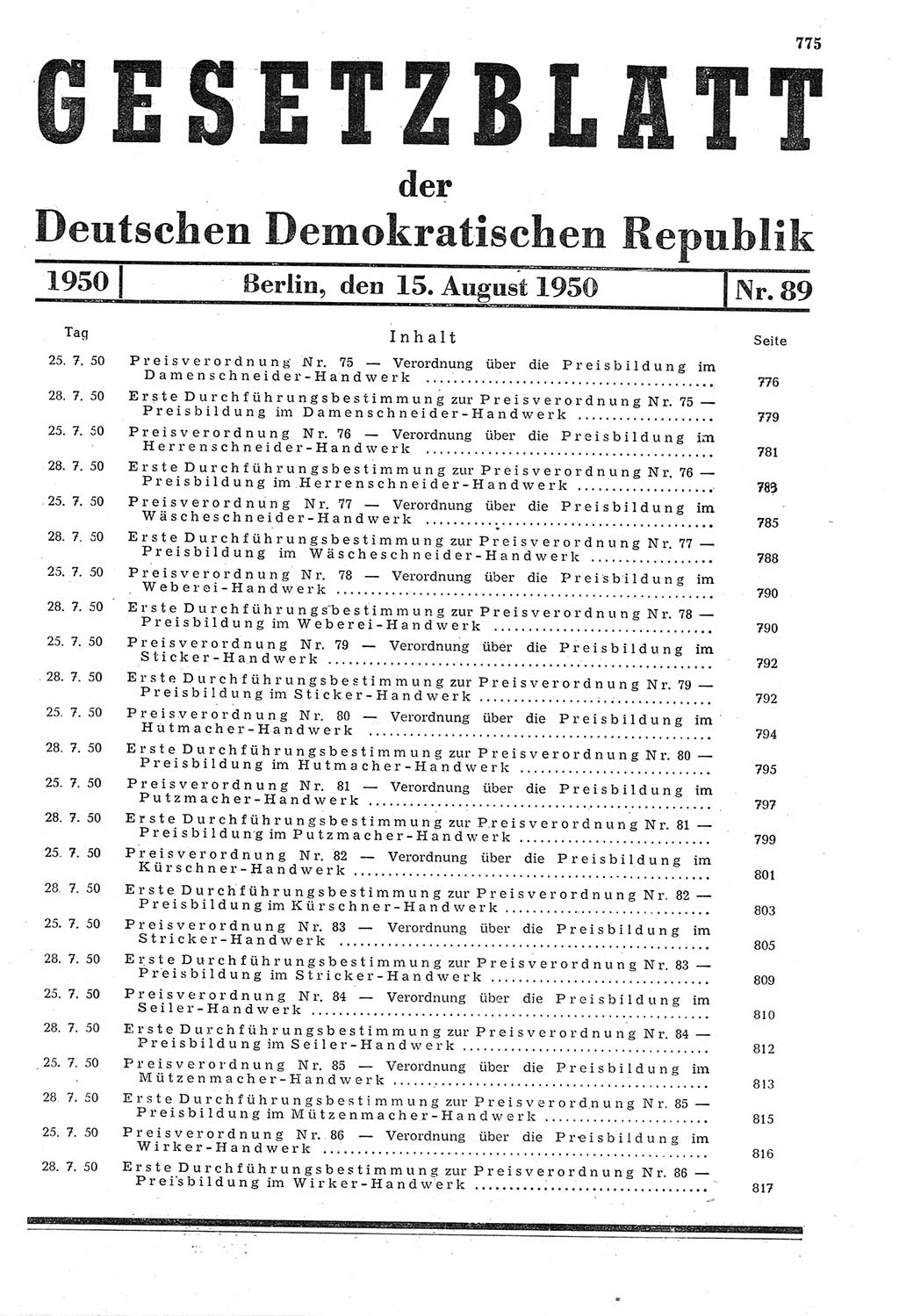 Gesetzblatt (GBl.) der Deutschen Demokratischen Republik (DDR) 1950, Seite 775 (GBl. DDR 1950, S. 775)