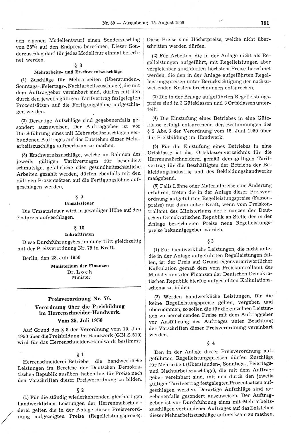 Gesetzblatt (GBl.) der Deutschen Demokratischen Republik (DDR) 1950, Seite 781 (GBl. DDR 1950, S. 781)