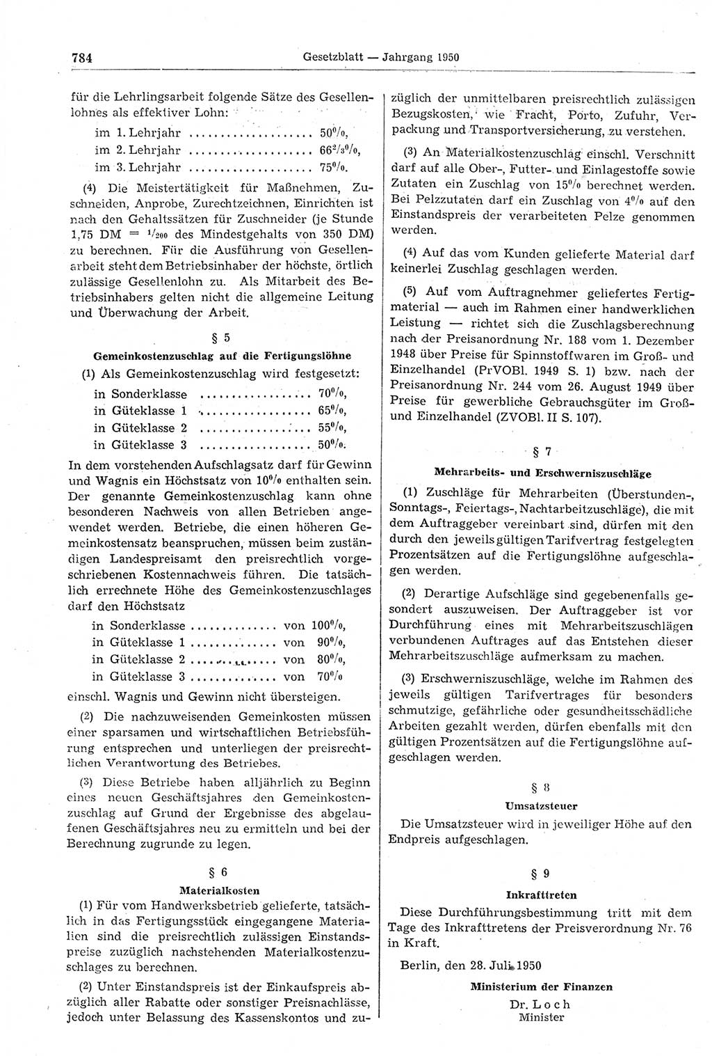 Gesetzblatt (GBl.) der Deutschen Demokratischen Republik (DDR) 1950, Seite 784 (GBl. DDR 1950, S. 784)