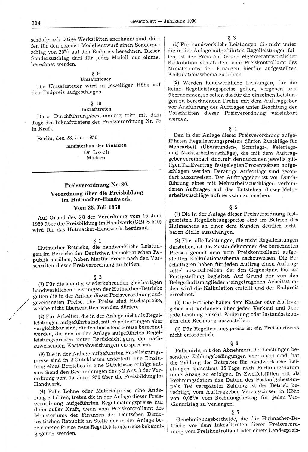 Gesetzblatt (GBl.) der Deutschen Demokratischen Republik (DDR) 1950, Seite 794 (GBl. DDR 1950, S. 794)
