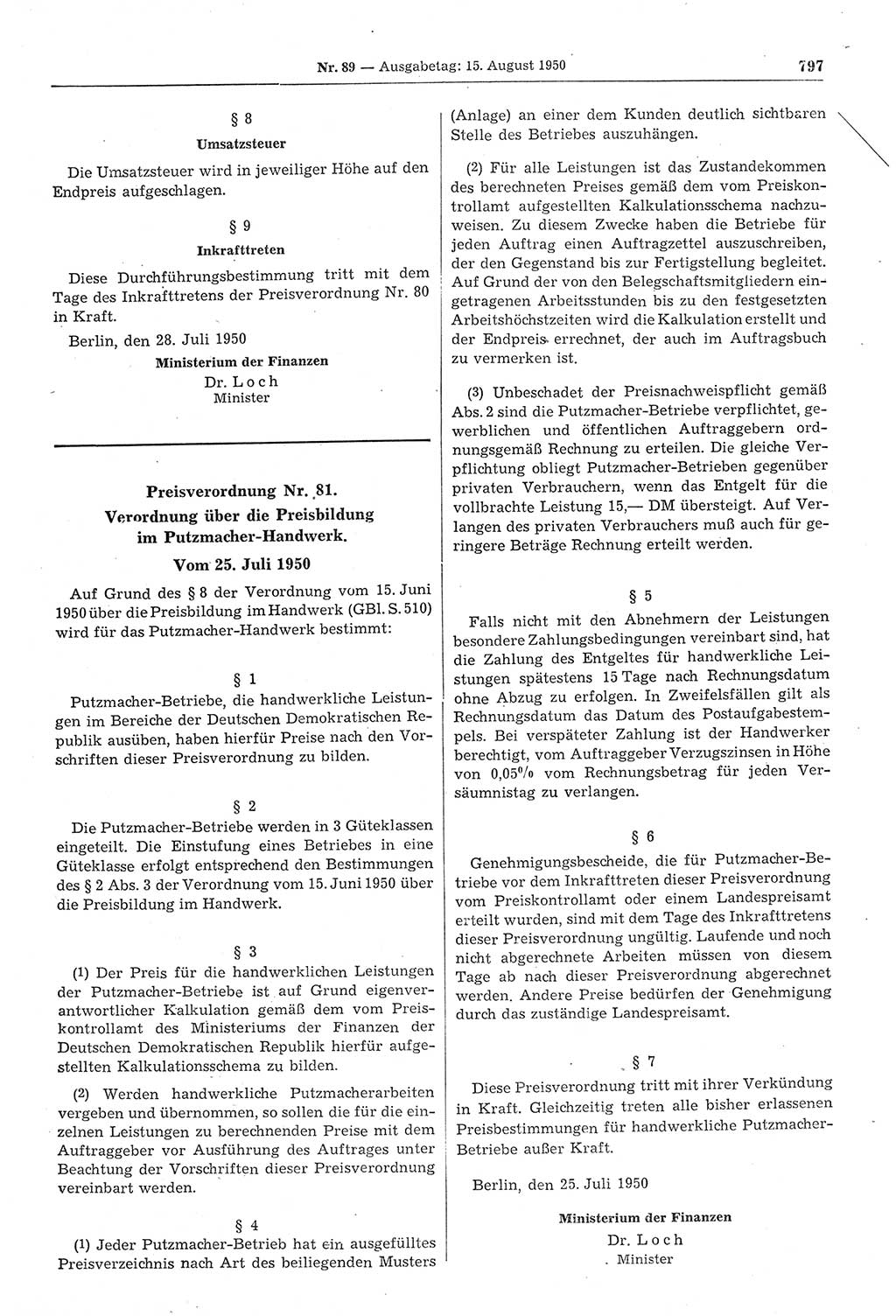Gesetzblatt (GBl.) der Deutschen Demokratischen Republik (DDR) 1950, Seite 797 (GBl. DDR 1950, S. 797)