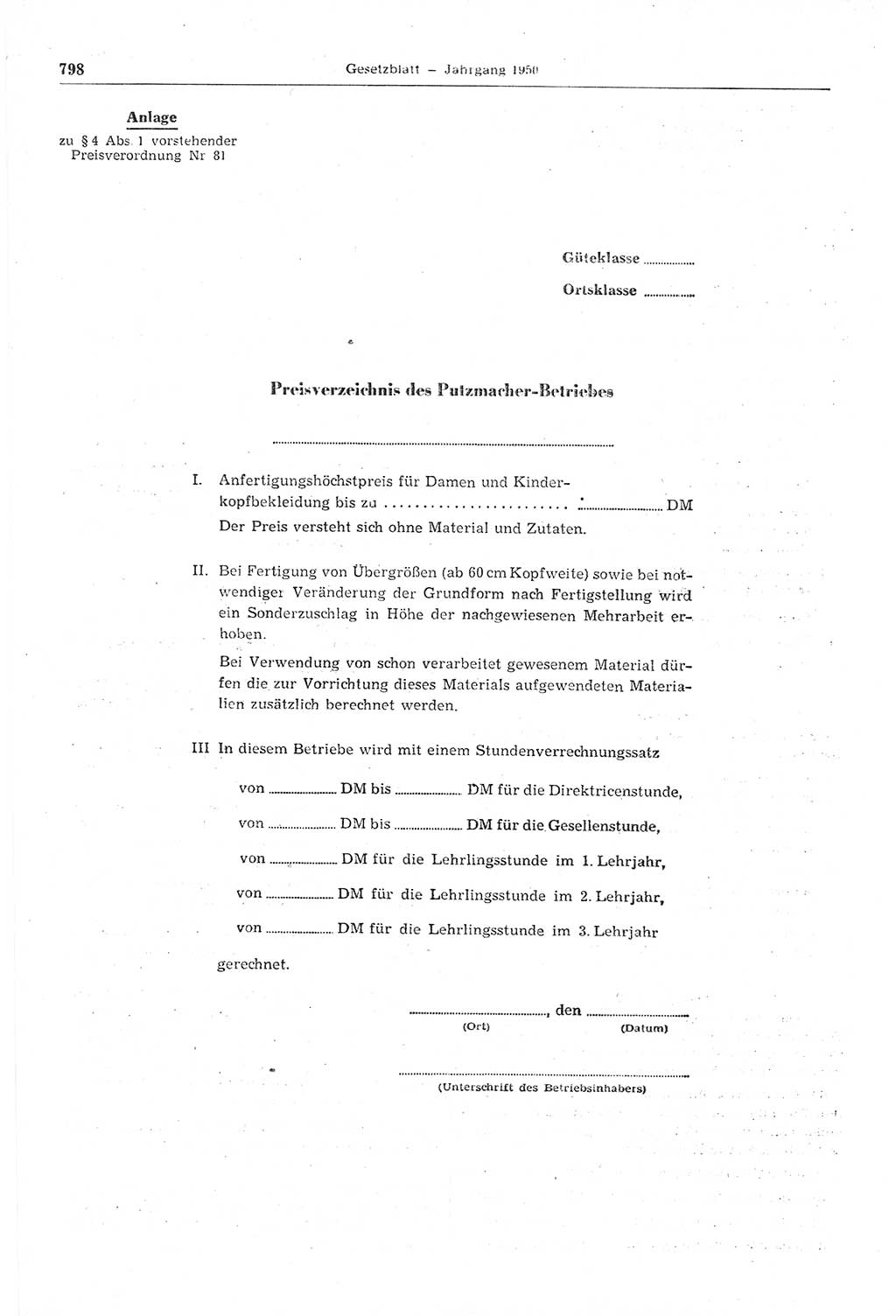 Gesetzblatt (GBl.) der Deutschen Demokratischen Republik (DDR) 1950, Seite 798 (GBl. DDR 1950, S. 798)