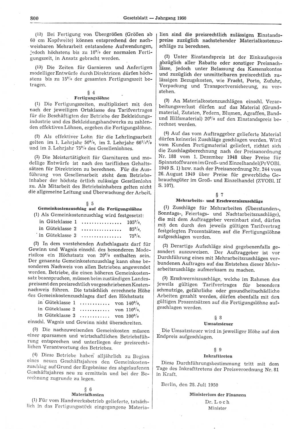 Gesetzblatt (GBl.) der Deutschen Demokratischen Republik (DDR) 1950, Seite 800 (GBl. DDR 1950, S. 800)