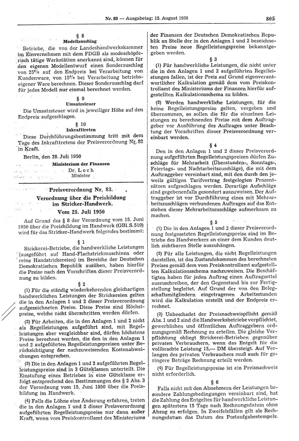 Gesetzblatt (GBl.) der Deutschen Demokratischen Republik (DDR) 1950, Seite 805 (GBl. DDR 1950, S. 805)
