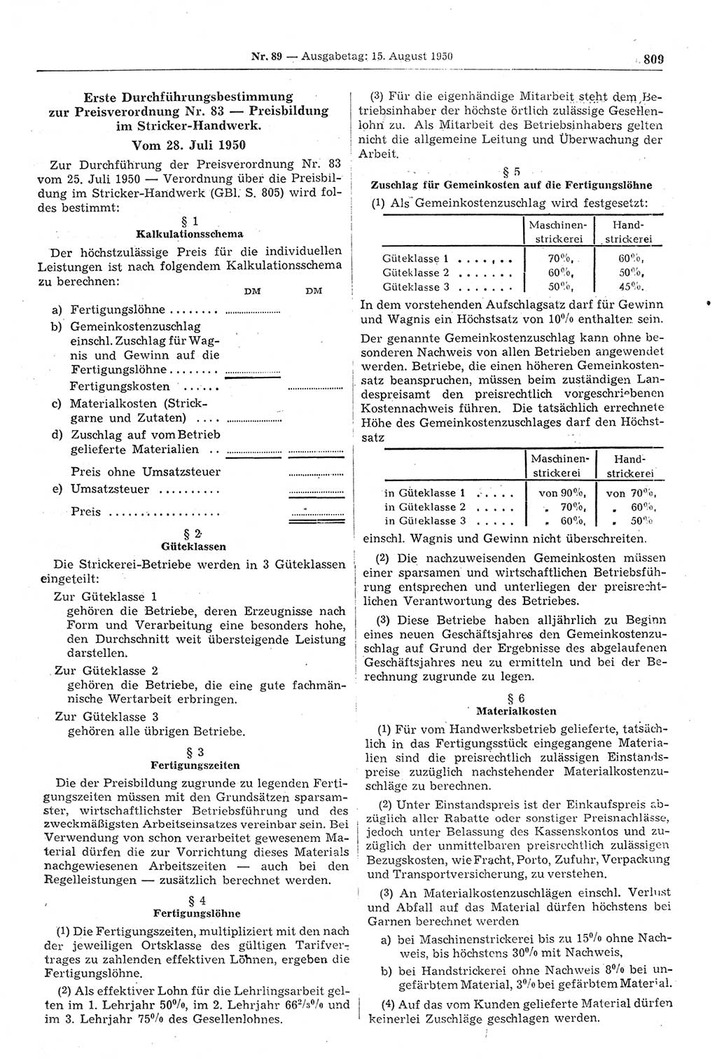Gesetzblatt (GBl.) der Deutschen Demokratischen Republik (DDR) 1950, Seite 809 (GBl. DDR 1950, S. 809)