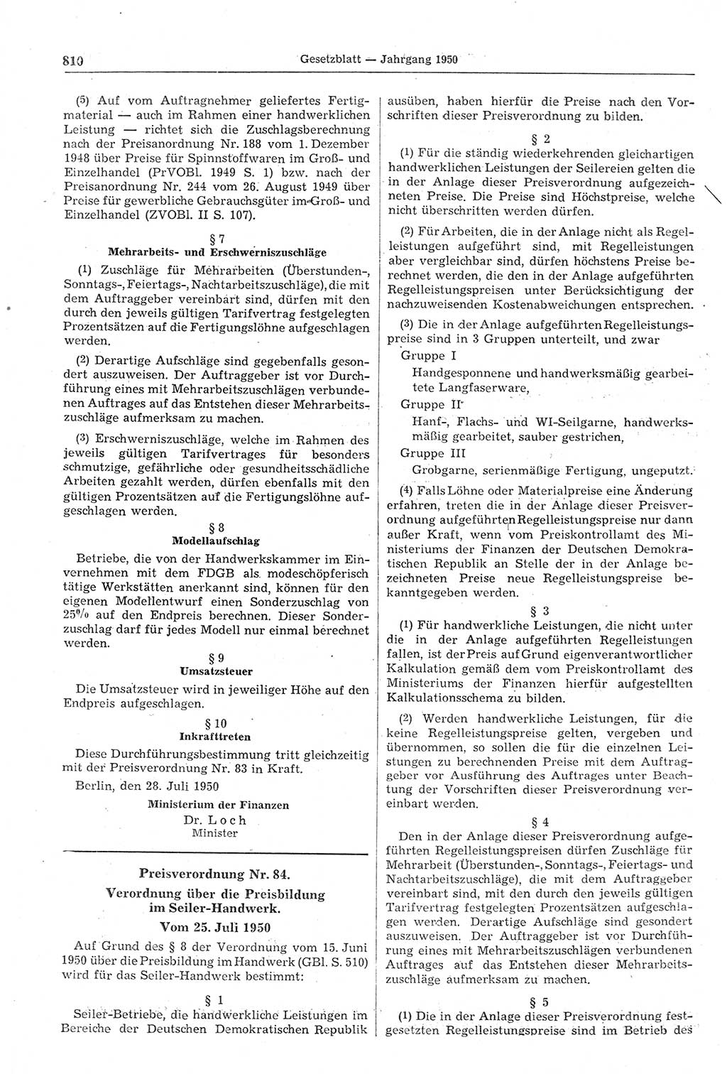 Gesetzblatt (GBl.) der Deutschen Demokratischen Republik (DDR) 1950, Seite 810 (GBl. DDR 1950, S. 810)