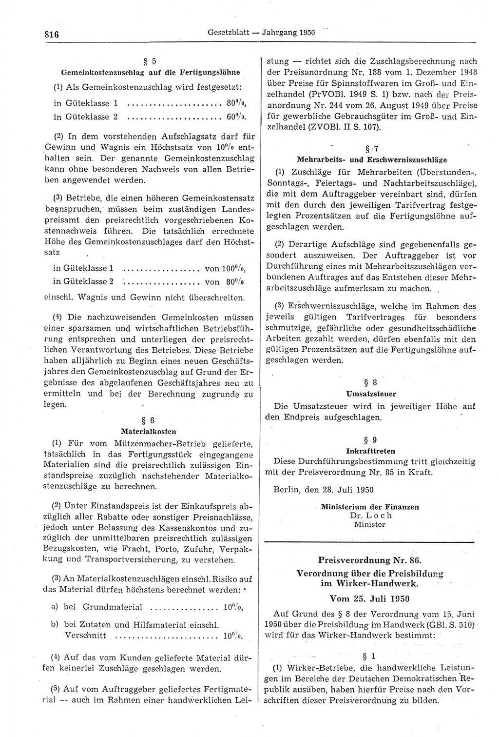 Gesetzblatt (GBl.) der Deutschen Demokratischen Republik (DDR) 1950, Seite 816 (GBl. DDR 1950, S. 816)