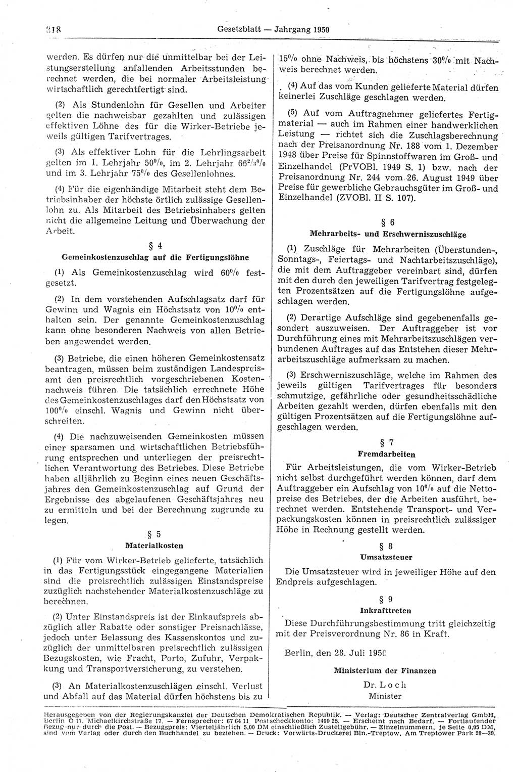 Gesetzblatt (GBl.) der Deutschen Demokratischen Republik (DDR) 1950, Seite 818 (GBl. DDR 1950, S. 818)
