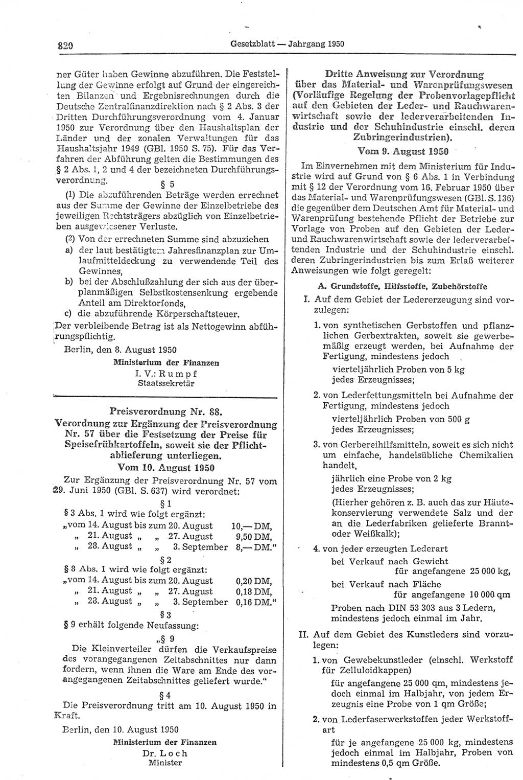 Gesetzblatt (GBl.) der Deutschen Demokratischen Republik (DDR) 1950, Seite 820 (GBl. DDR 1950, S. 820)