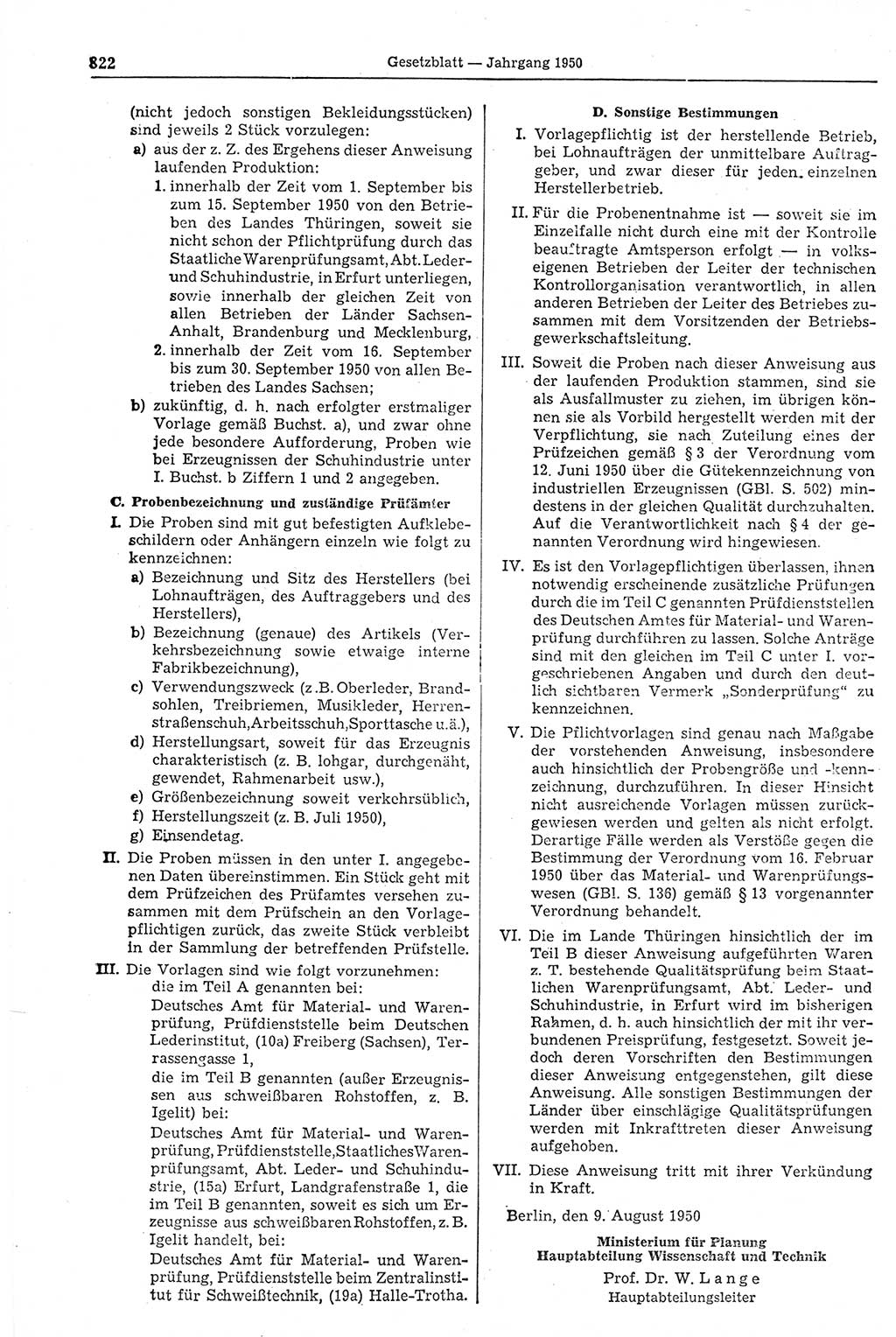 Gesetzblatt (GBl.) der Deutschen Demokratischen Republik (DDR) 1950, Seite 822 (GBl. DDR 1950, S. 822)