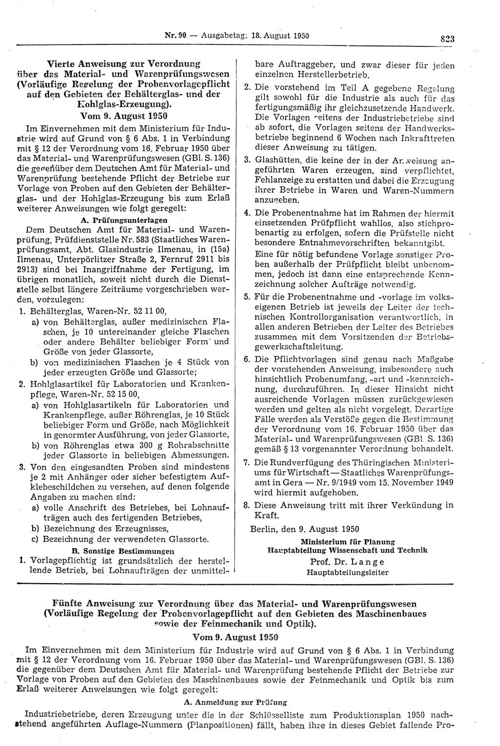 Gesetzblatt (GBl.) der Deutschen Demokratischen Republik (DDR) 1950, Seite 823 (GBl. DDR 1950, S. 823)