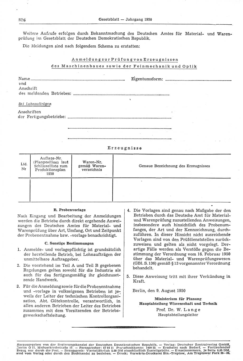 Gesetzblatt (GBl.) der Deutschen Demokratischen Republik (DDR) 1950, Seite 826 (GBl. DDR 1950, S. 826)