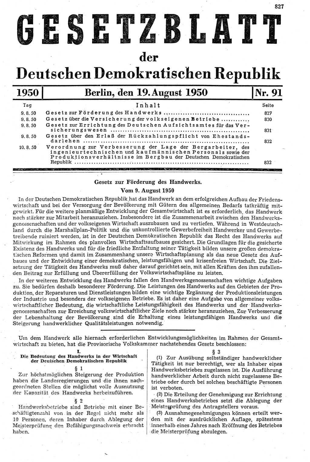 Gesetzblatt (GBl.) der Deutschen Demokratischen Republik (DDR) 1950, Seite 827 (GBl. DDR 1950, S. 827)