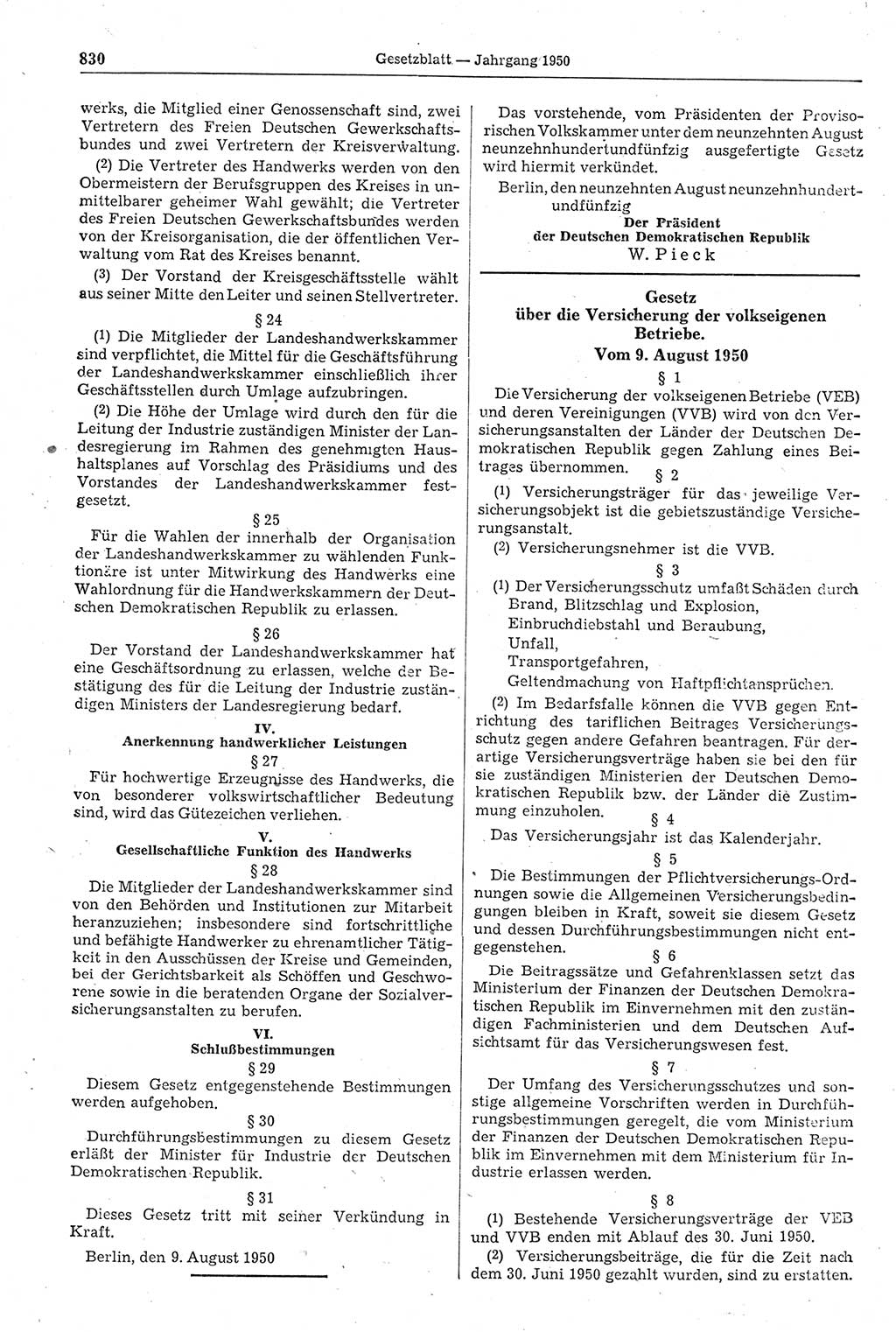 Gesetzblatt (GBl.) der Deutschen Demokratischen Republik (DDR) 1950, Seite 830 (GBl. DDR 1950, S. 830)