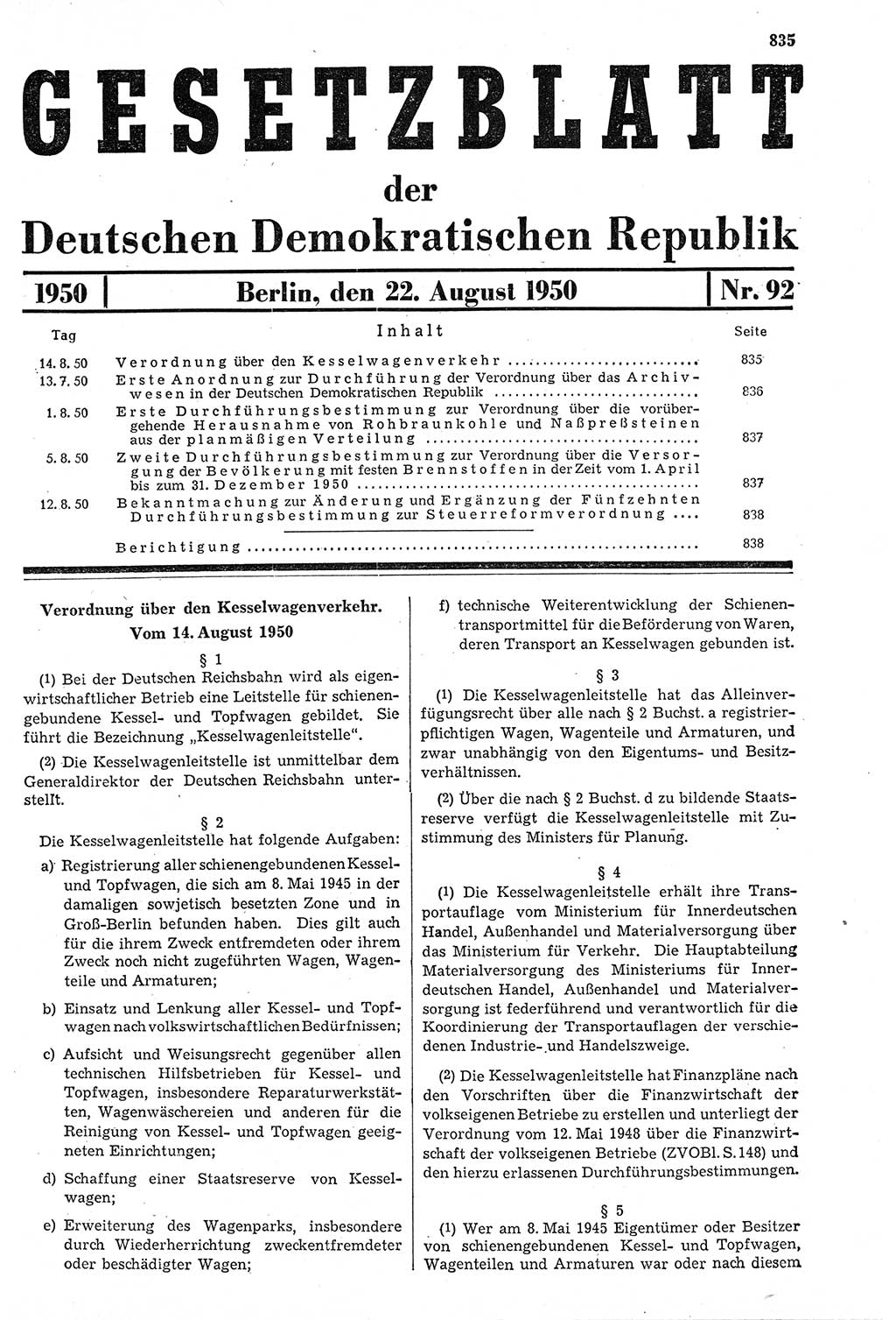Gesetzblatt (GBl.) der Deutschen Demokratischen Republik (DDR) 1950, Seite 835 (GBl. DDR 1950, S. 835)