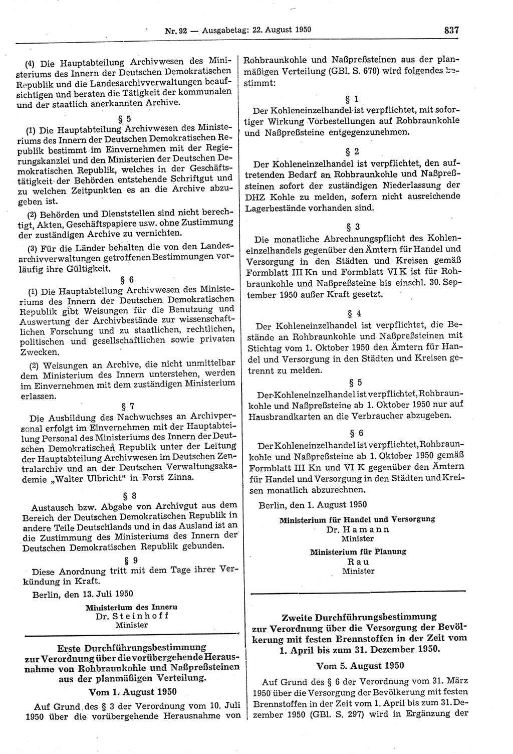Gesetzblatt (GBl.) der Deutschen Demokratischen Republik (DDR) 1950, Seite 837 (GBl. DDR 1950, S. 837)