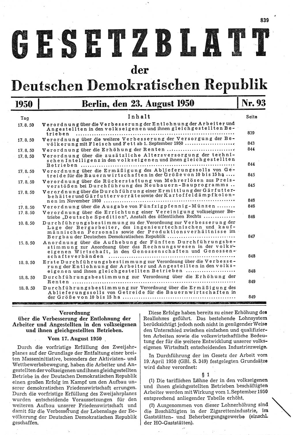 Gesetzblatt (GBl.) der Deutschen Demokratischen Republik (DDR) 1950, Seite 839 (GBl. DDR 1950, S. 839)
