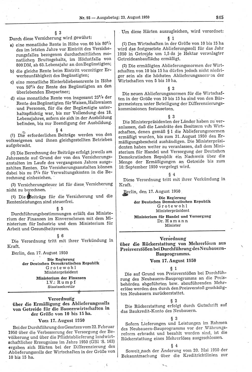 Gesetzblatt (GBl.) der Deutschen Demokratischen Republik (DDR) 1950, Seite 845 (GBl. DDR 1950, S. 845)