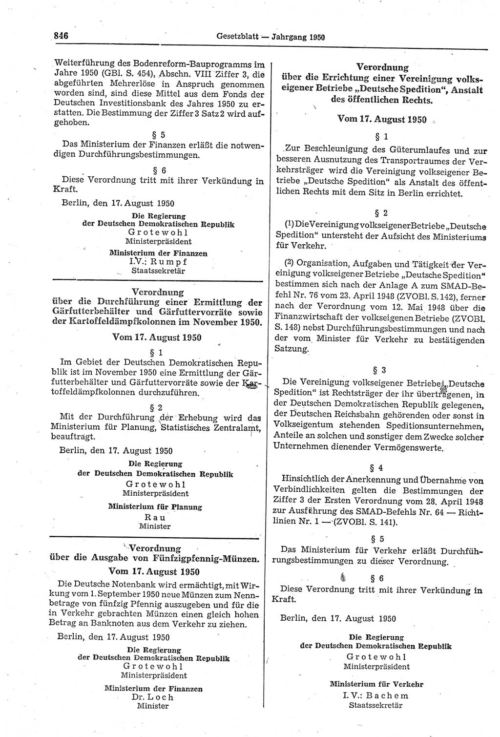 Gesetzblatt (GBl.) der Deutschen Demokratischen Republik (DDR) 1950, Seite 846 (GBl. DDR 1950, S. 846)