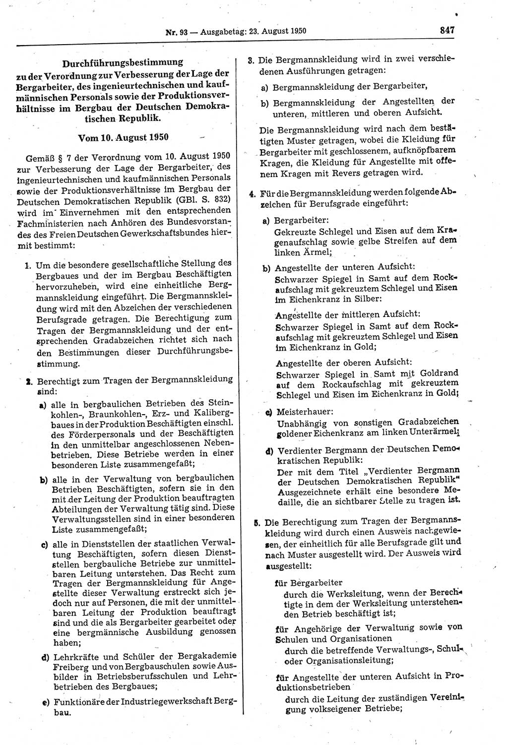 Gesetzblatt (GBl.) der Deutschen Demokratischen Republik (DDR) 1950, Seite 847 (GBl. DDR 1950, S. 847)
