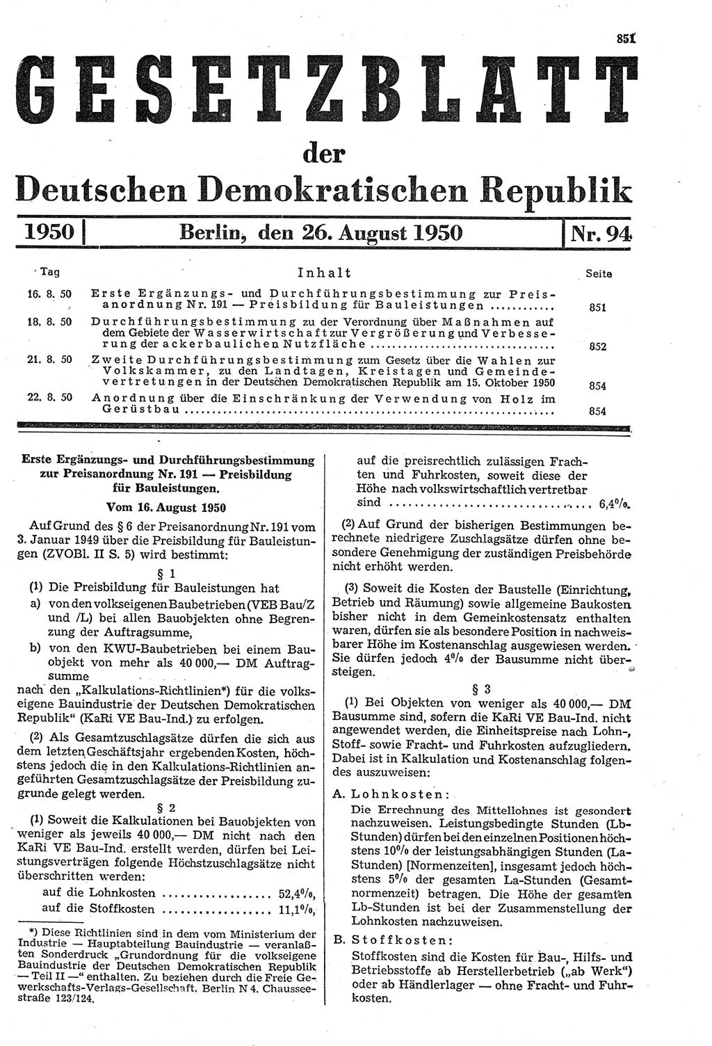 Gesetzblatt (GBl.) der Deutschen Demokratischen Republik (DDR) 1950, Seite 851 (GBl. DDR 1950, S. 851)