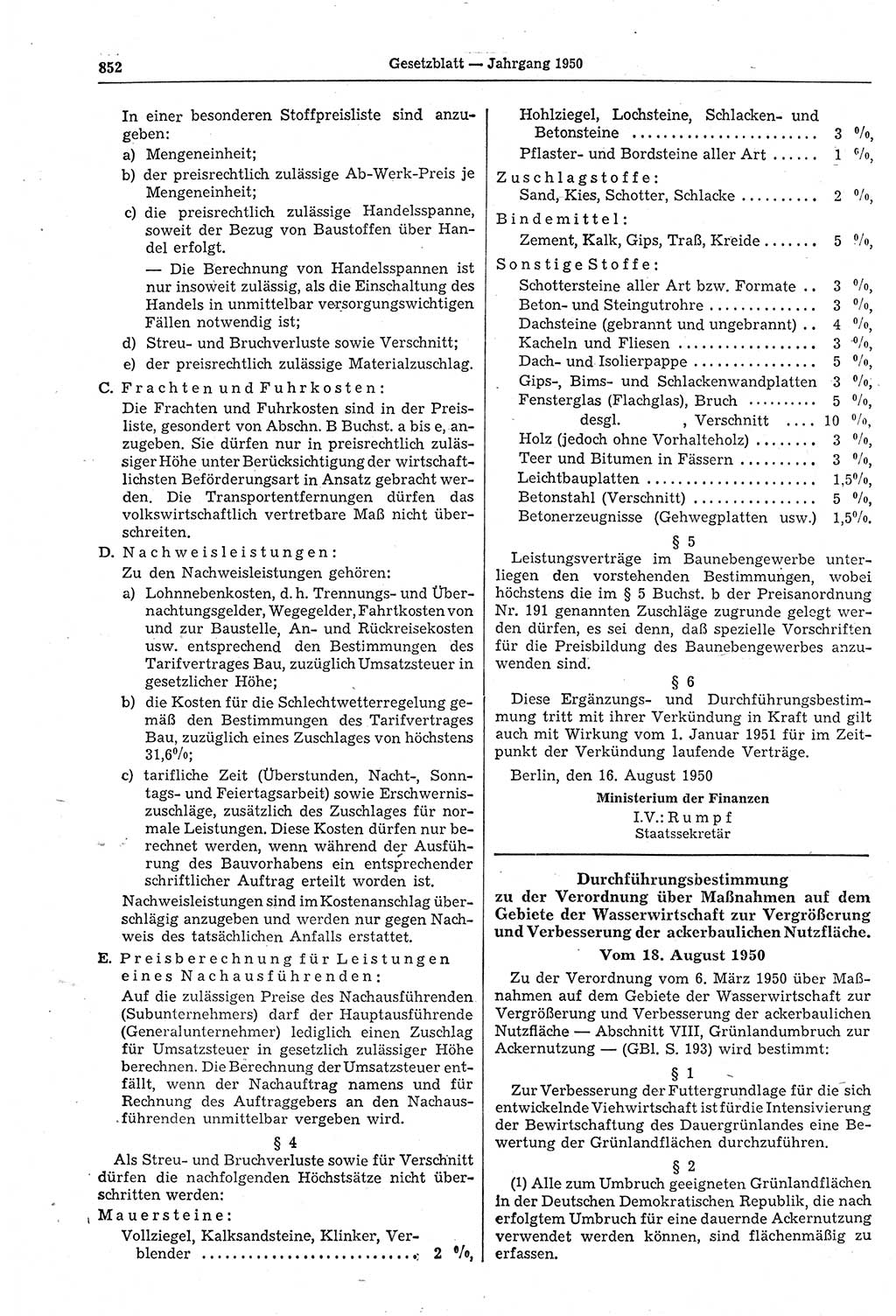 Gesetzblatt (GBl.) der Deutschen Demokratischen Republik (DDR) 1950, Seite 852 (GBl. DDR 1950, S. 852)