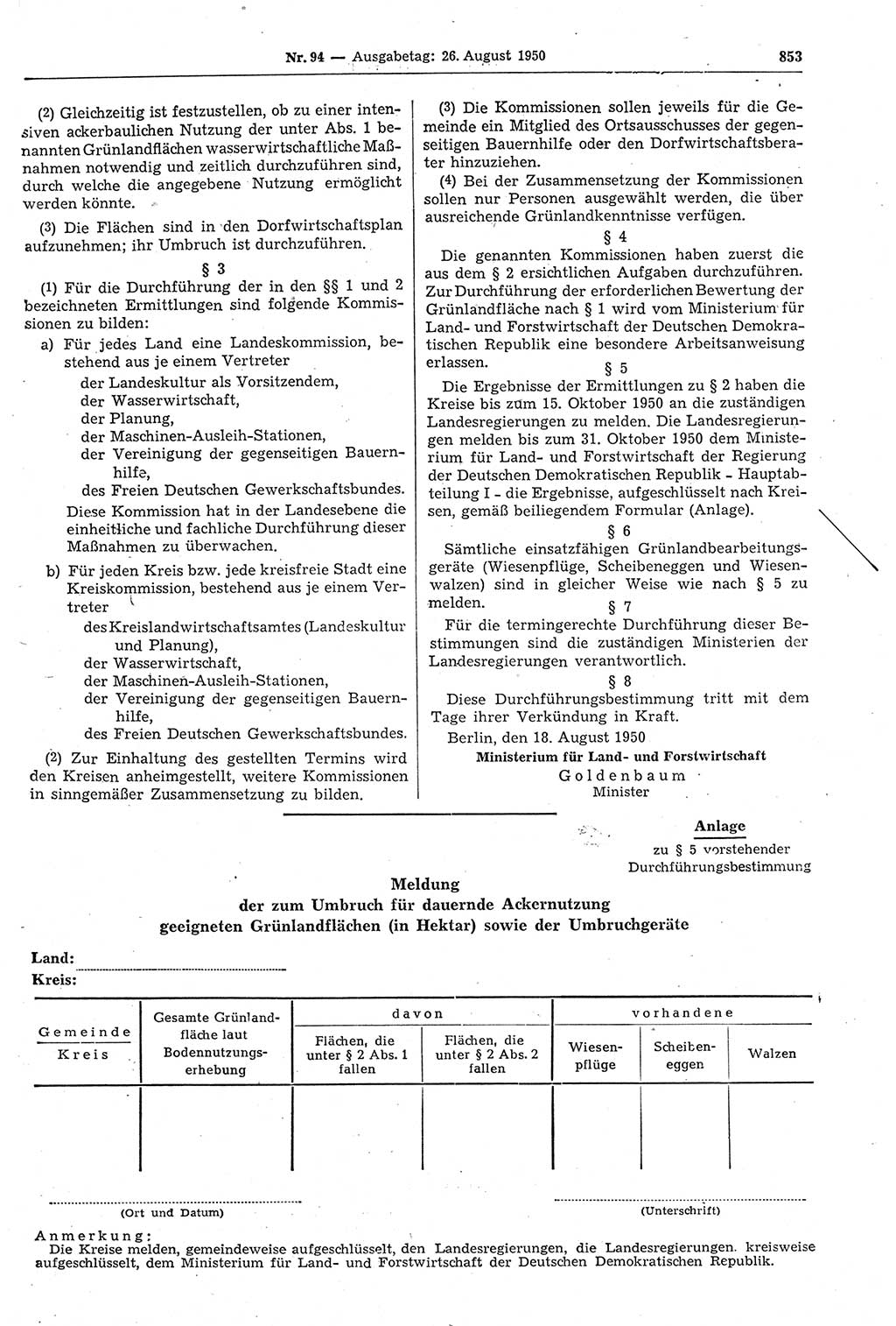 Gesetzblatt (GBl.) der Deutschen Demokratischen Republik (DDR) 1950, Seite 853 (GBl. DDR 1950, S. 853)