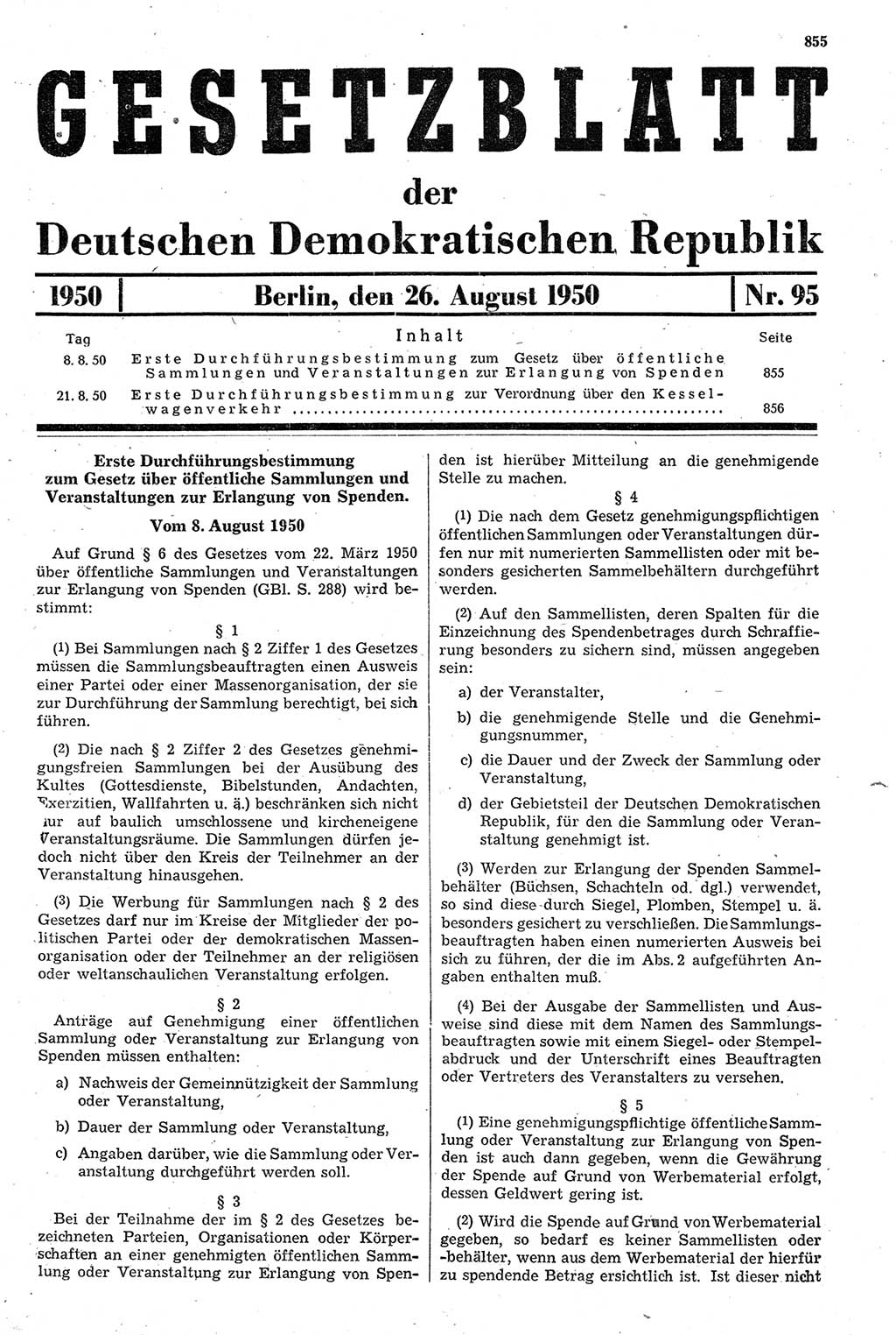 Gesetzblatt (GBl.) der Deutschen Demokratischen Republik (DDR) 1950, Seite 855 (GBl. DDR 1950, S. 855)