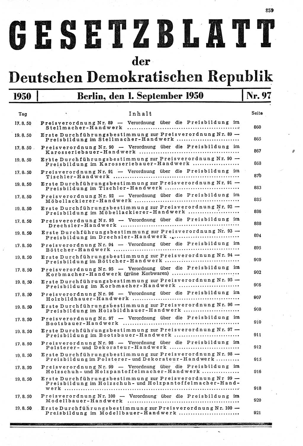 Gesetzblatt (GBl.) der Deutschen Demokratischen Republik (DDR) 1950, Seite 859 (GBl. DDR 1950, S. 859)