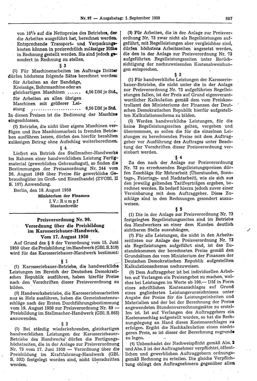 Gesetzblatt (GBl.) der Deutschen Demokratischen Republik (DDR) 1950, Seite 867 (GBl. DDR 1950, S. 867)
