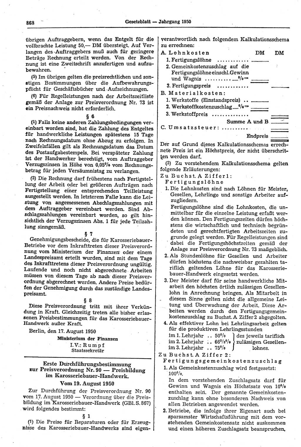 Gesetzblatt (GBl.) der Deutschen Demokratischen Republik (DDR) 1950, Seite 868 (GBl. DDR 1950, S. 868)