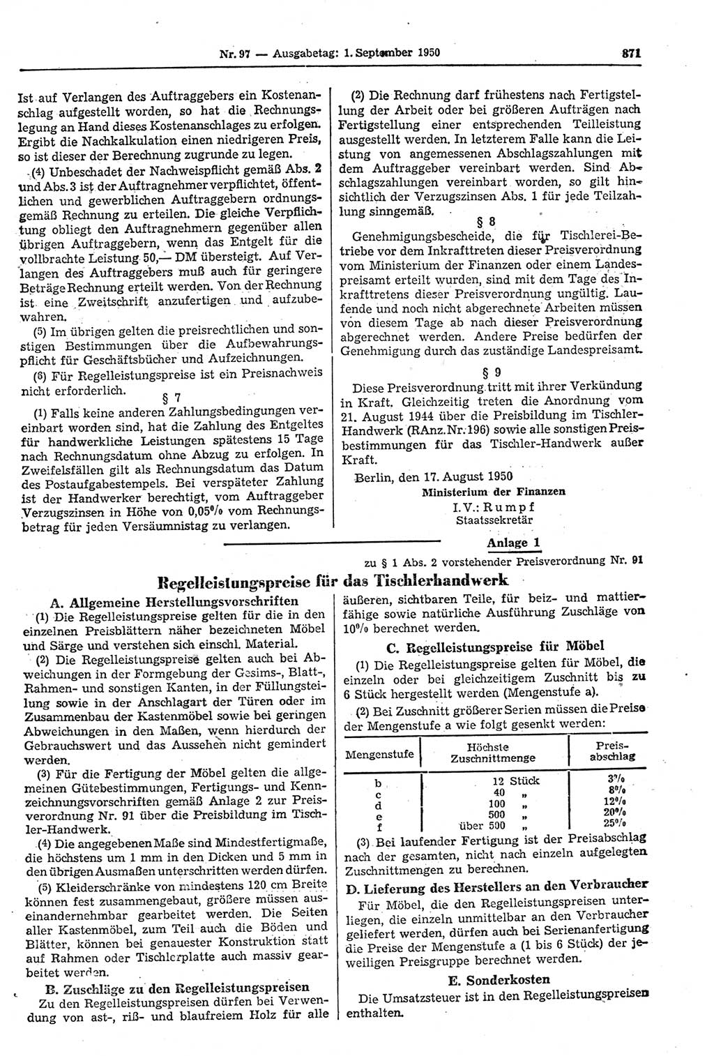 Gesetzblatt (GBl.) der Deutschen Demokratischen Republik (DDR) 1950, Seite 871 (GBl. DDR 1950, S. 871)