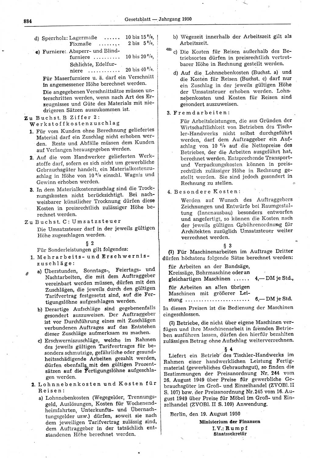 Gesetzblatt (GBl.) der Deutschen Demokratischen Republik (DDR) 1950, Seite 884 (GBl. DDR 1950, S. 884)