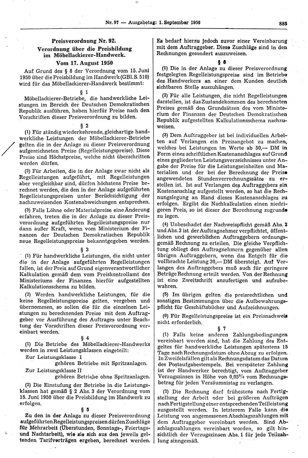 Gesetzblatt (GBl.) der Deutschen Demokratischen Republik (DDR) 1950, Seite 885 (GBl. DDR 1950, S. 885)