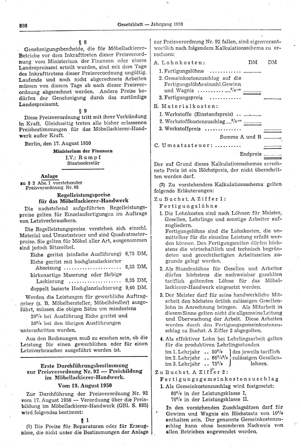 Gesetzblatt (GBl.) der Deutschen Demokratischen Republik (DDR) 1950, Seite 886 (GBl. DDR 1950, S. 886)